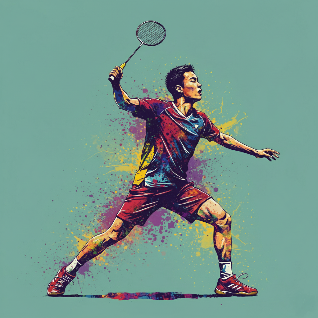 A dynamic and colorful abstract art banner of a badminton player in a smash.